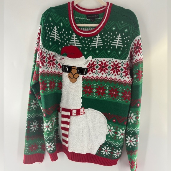 Bizzaro Ltd Green and Red Llama Christmas Sweater - Picture 1 of 8
